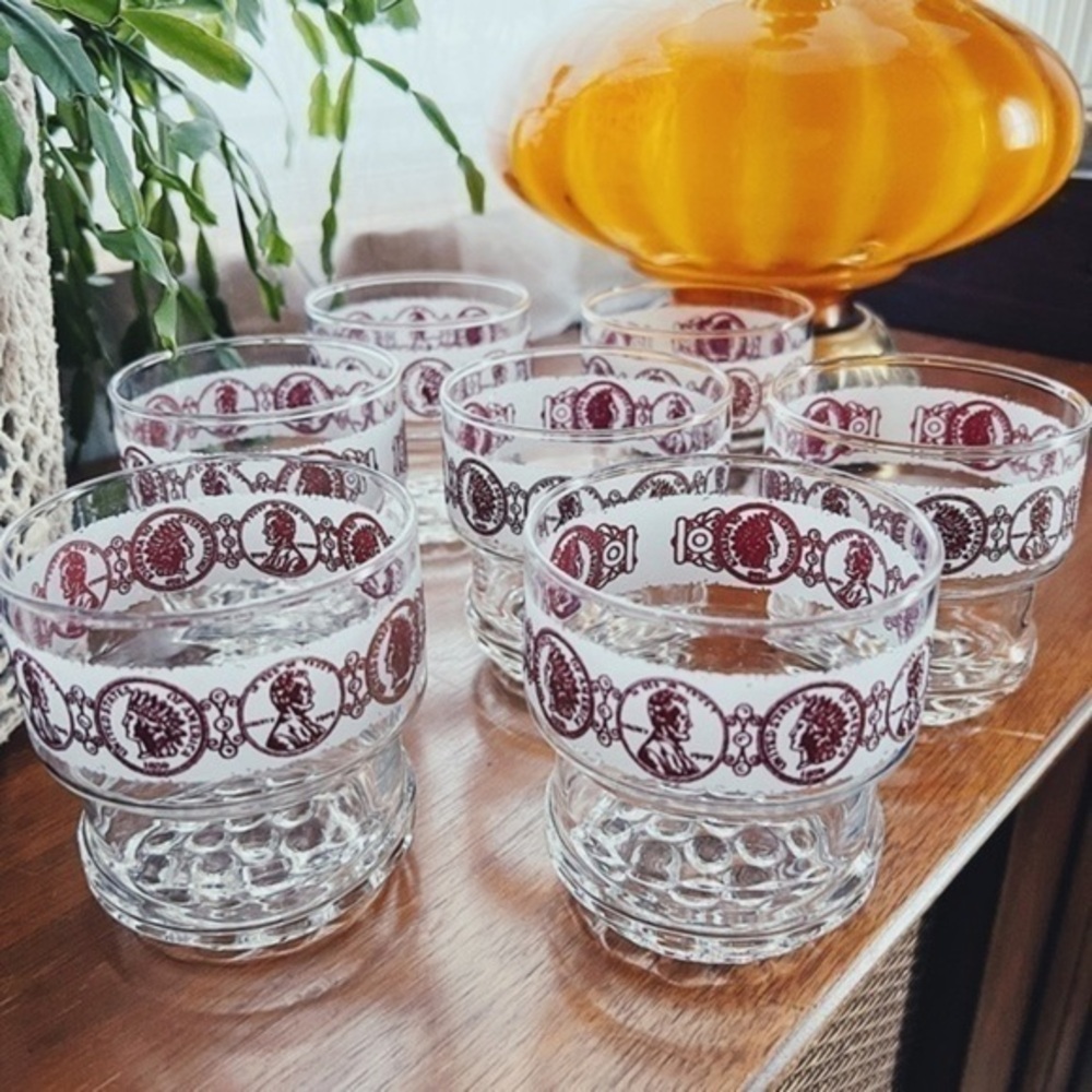 Vintage Libbey Copper Coin Lowball Glasses Set of 7 | Mid-Century Modern Barware